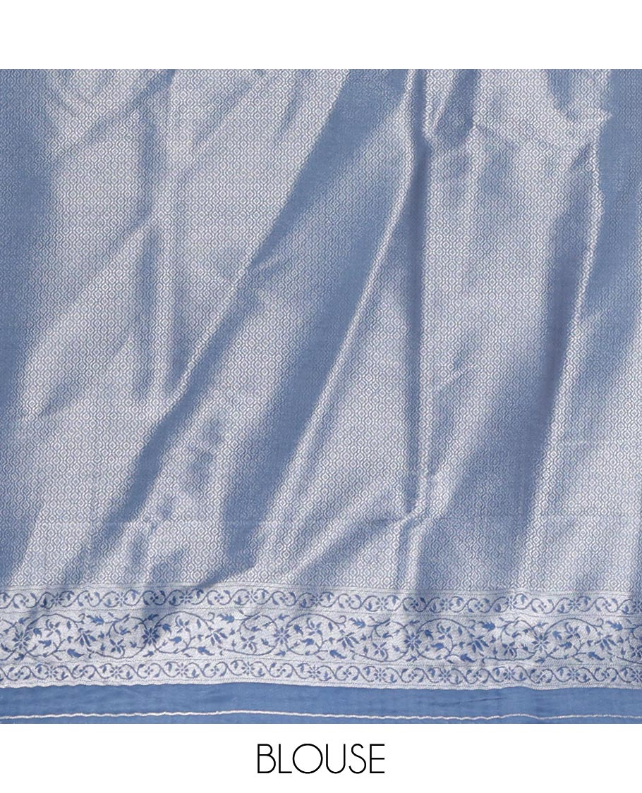 Blue lotus zari jacquard softy saree, floral vine zari border, zari woven floral design pallu & matching zari jacquard blouse