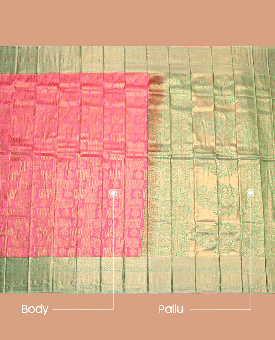Pink Budget Silk Saree, Bedecked with Jacquard Design, Complemented by Contrast Traditional Zari Border, Intricate Pallu, and Contrast Blouse