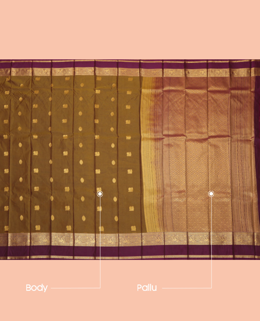 Brown Budget Silk Saree, Adorned with Peacock-Floral Buttas, a Contrast Traditional Rettai Pettu Border, a Grand Pallu and a Contrast Blouse