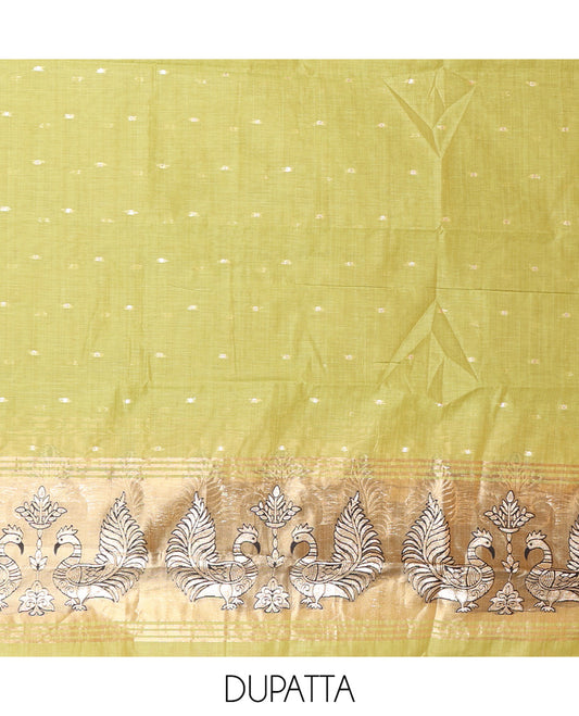 Green Chanderi Material Chudidar, Zari Buttas and Annam Buttas Top, Matching Bottom, Annam Buttas Dupatta