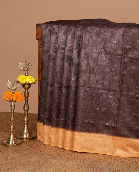 Brown jaal thread weaving banaras brasso saree with contrast thread border & thread weaving pallu along with butta design blouse