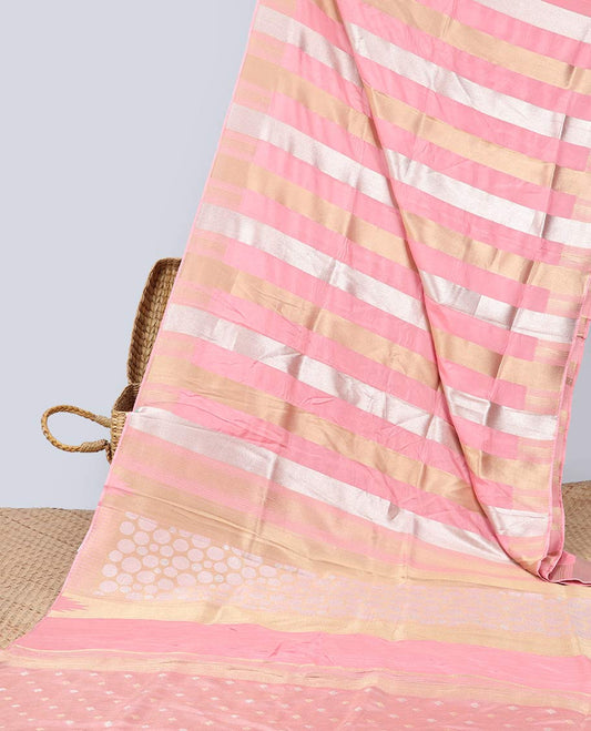 Pink striped semi-banaras dola silk saree with self zari border & intricate zari design pallu