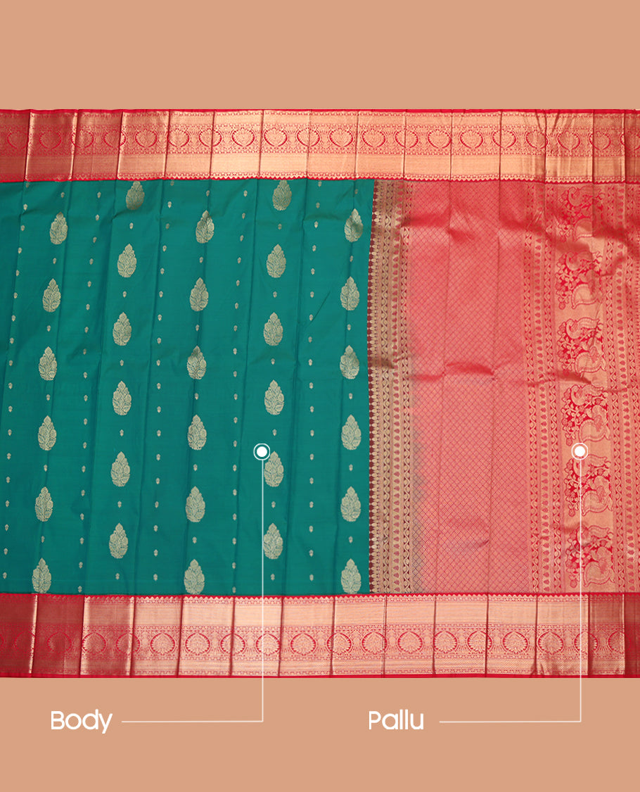 Green Budget Silk Saree, Woven with Zari Buttas, Complemented by a Contrast Traditional Zari Border, Grand Jaal Pallu, and Contrast Blouse