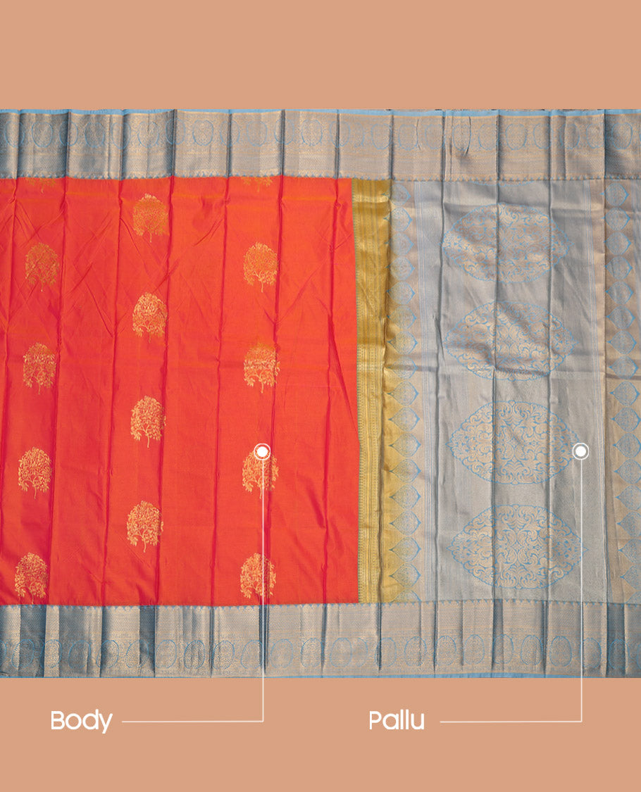 Orange Budget Silk Saree, Mesmerized with Tree Zari Buttas, Complemented by a Contrast Traditional Border, Grand Pallu, and a Contrast Blouse