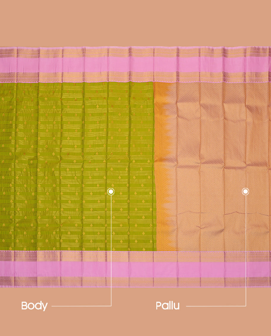 Parrot Green Budget Silk Saree, Subtly Sparkled with Zari Buttas and Stripes, a Contrast Traditional Zari Rettai Pettu Border, Jaal Pallu, and a Contrast Blouse