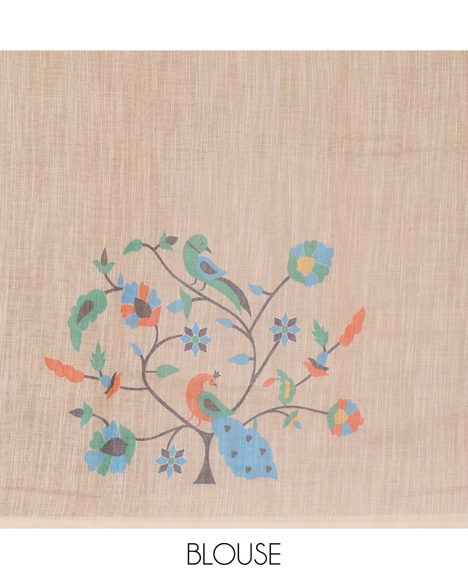 White small dotted buttas linen cotton saree, contrast border & pallu of paithani-style parrot, peacock, & floral vine designs