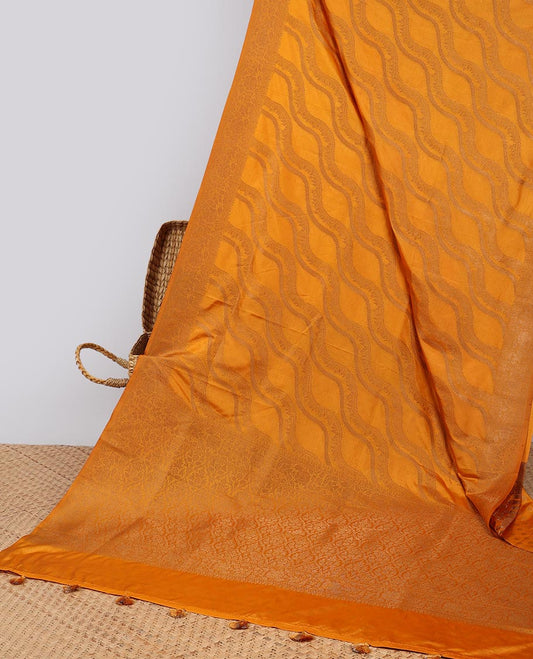 Yellow striped semi- banaras tussar saree with self zari  border & intricate zari ogee design pallu
