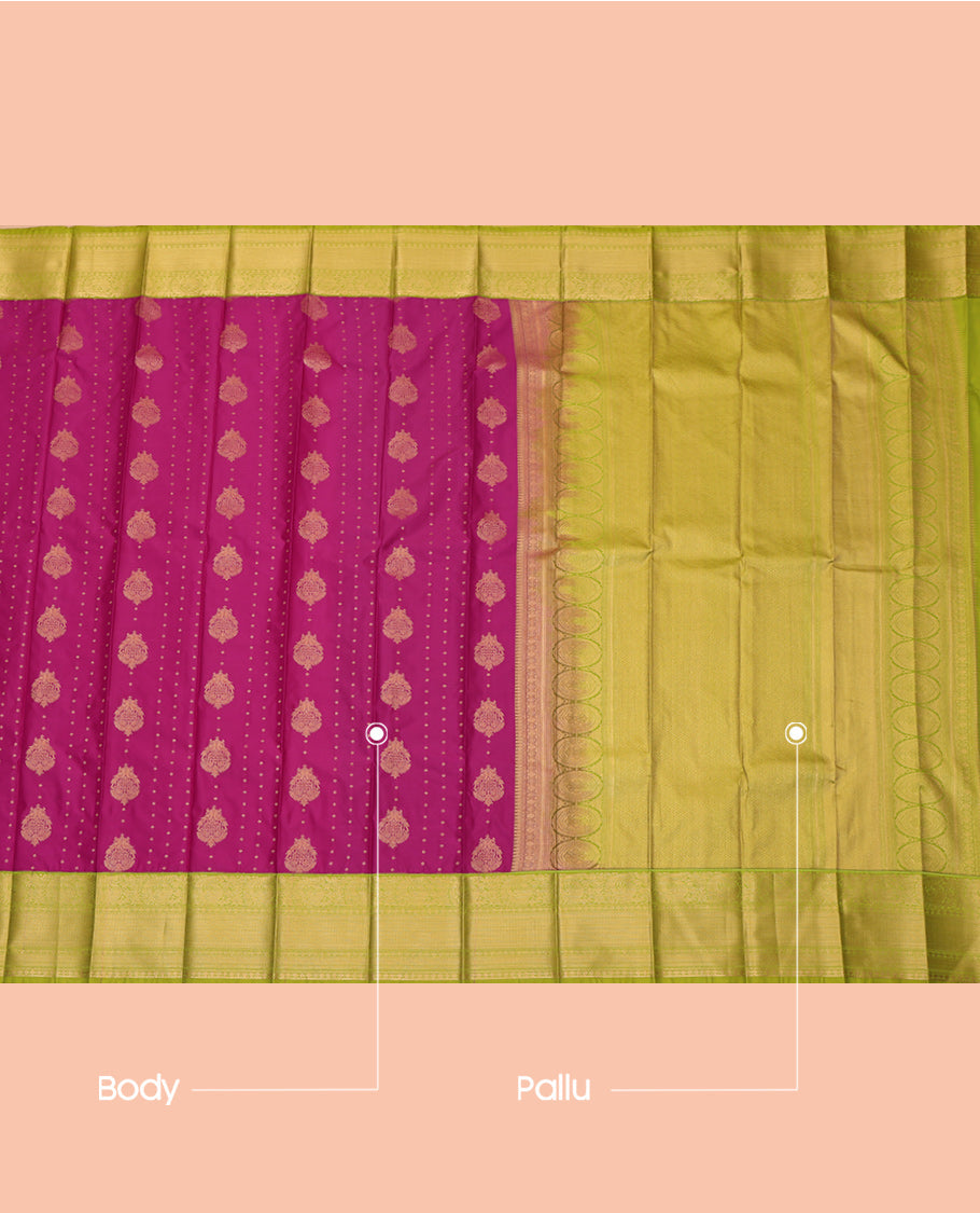 Pink Budget Silk Saree, Beautified with Zari Buttas, a Contrast Traditional Zari Border, Grand Pallu, and a Contrast Blouse
