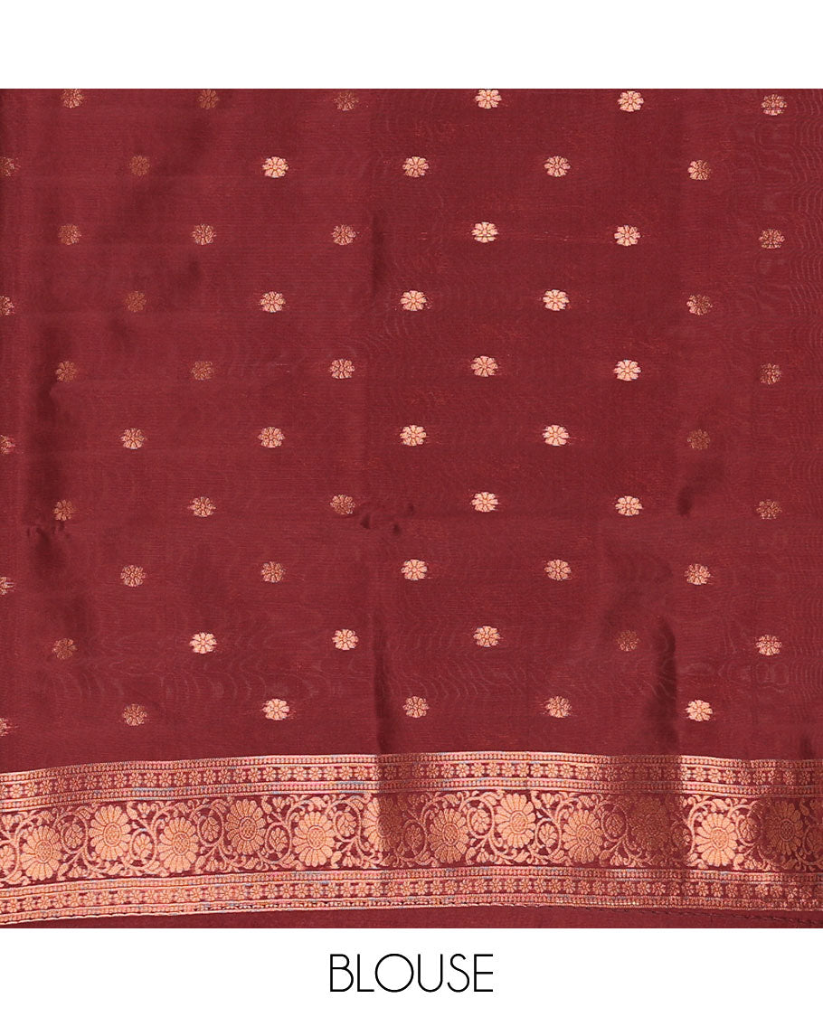 Maroon kanchi tissue jacquard saree, traditional zari temple border, zari woven jaal pallu & contrast small buttas blouse