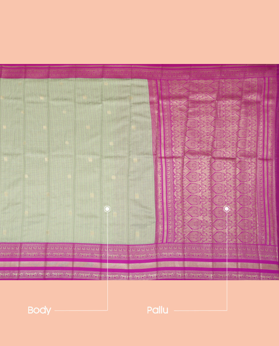 Green Litchi Saree, Crafted with Peacock-Chakram Buttas and Checks, a Contrast Traditional Zari Border, Intricate Pallu, and a Contrast Blouse