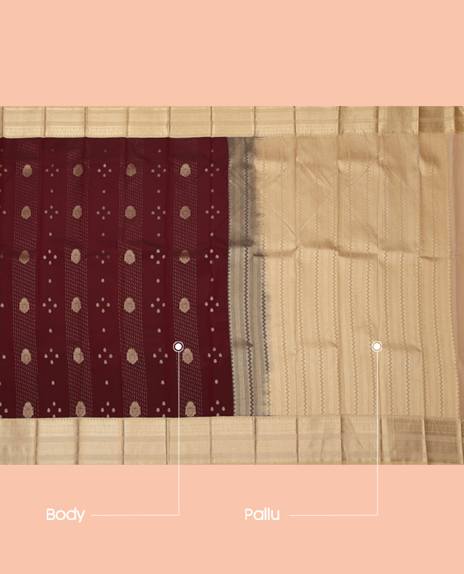 Maroon Budget Silk Saree, Embellished with Zari Buttas, a Contrast Traditional Zari Border, Grand Pallu, and a Contrast Blouse