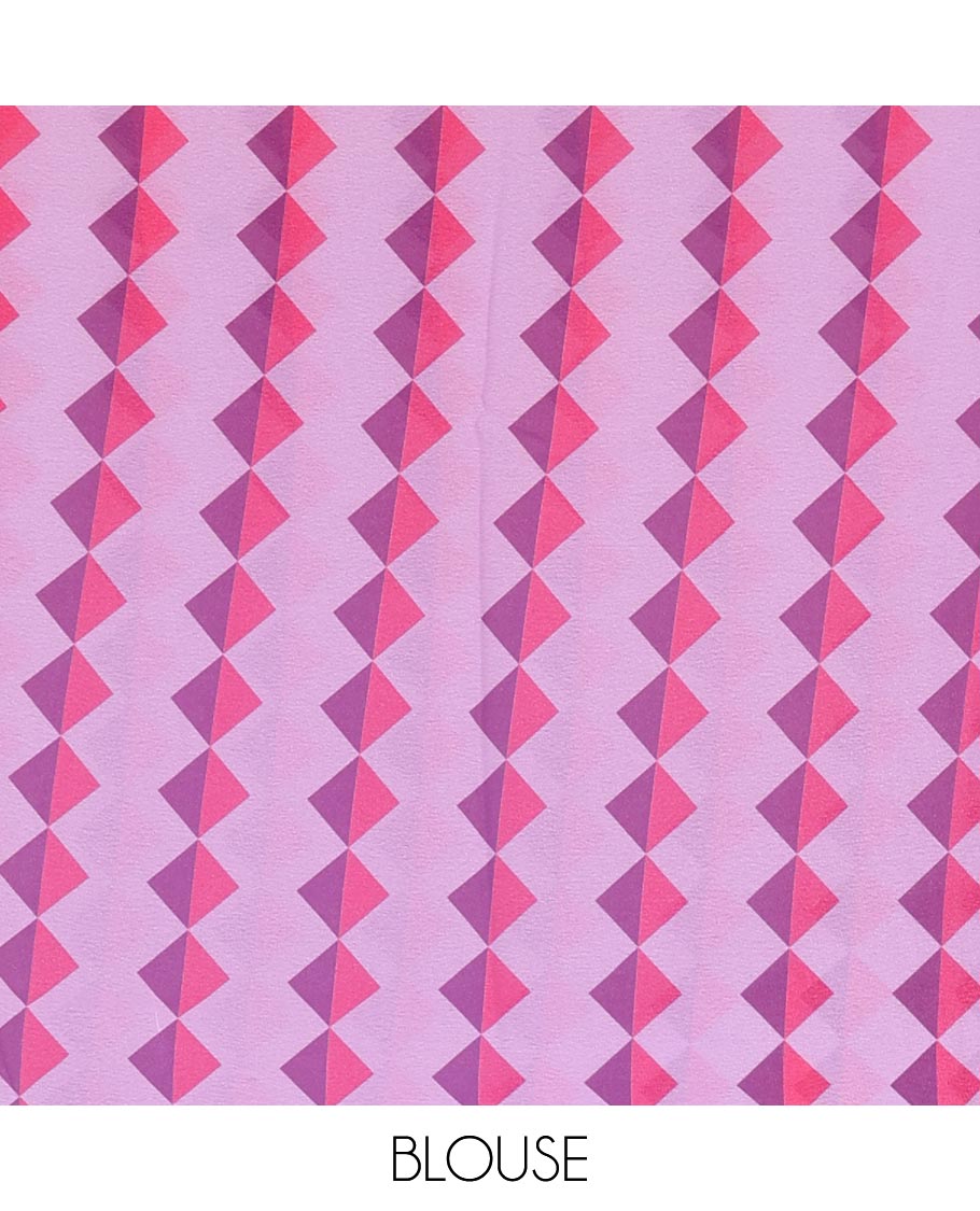 Borderless lavender plain moss chiffon saree, contrast double-sided temple border, self-pallu, and diamond-patterned printed blouse