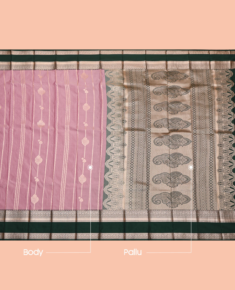 Pink Budget Silk Saree, Detailed with Zari Buttas, Complemented by a Contrast Traditional Zari Rettai Pettu Border, Pallu of Intricate Designs, and a Contrast Blouse