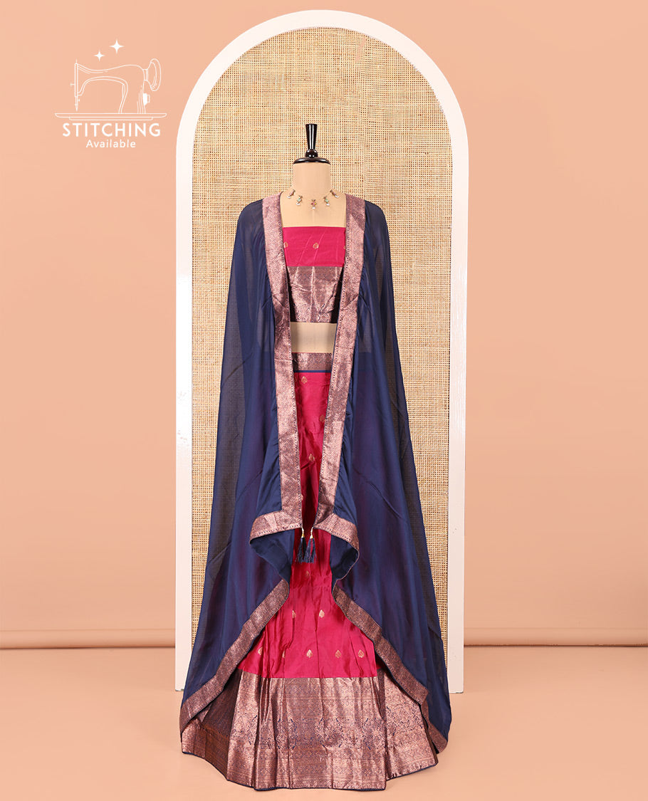 Pink-Navy Blue Semi-Banarasi Half-Saree Features Buttas on Skirt, a Contrast Traditional Zari Border, Matching Blouse, and Contrast Satin Georgette Dhavani