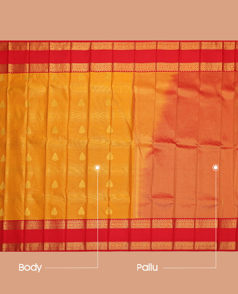 Orange Budget Silk Saree, Beautified with Zari Buttas and Stripes, Complemented by a Contrast Traditional Zari Design Rettai Pettu Border, Grand Pallu, and a Contrast Blouse