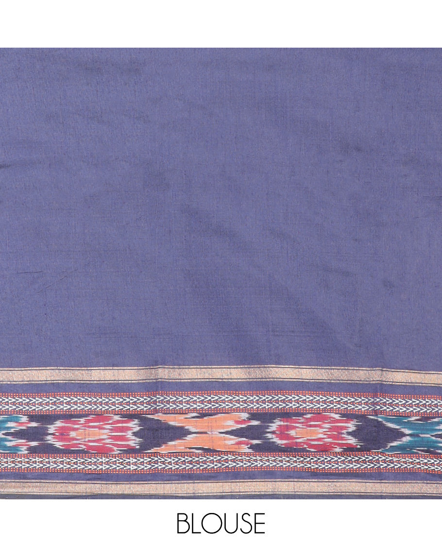 Light Blue Plain Dupion Silk Saree, Bedecked with a Contrast Temple Border of Geometric Patterns and Ikkat Weave, Pallu Depicting Floral Ikkat Designs, and Paired with a Contrast Blouse