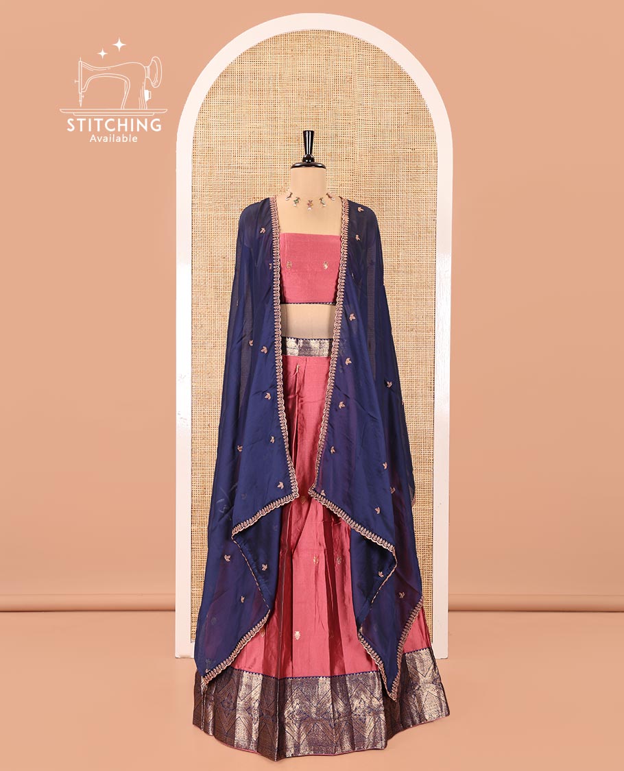 Onion Pink and Blue Semi-Banarasi Half-Saree, Elevated with Zari Buttas on Its Skirt, Complemented by a Contrast Traditional Zari-Design Border, Paired with a Matching Blouse, and a Contrast Satin Georgette Zari-Bordered Dhavani