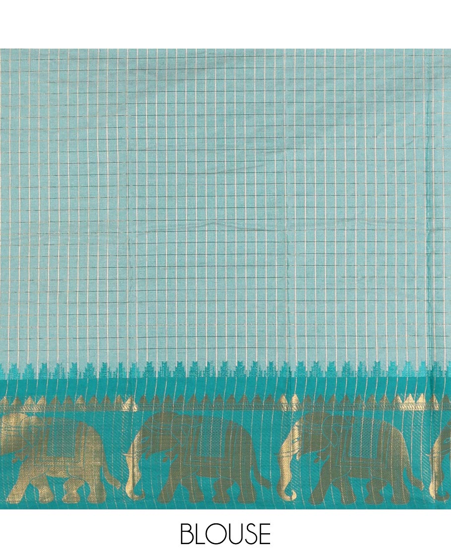 White checked semi-tafeta saree, contrast temple zari elephant motifs blue color border, zari-rich pallu & contrast checked zari border blouse