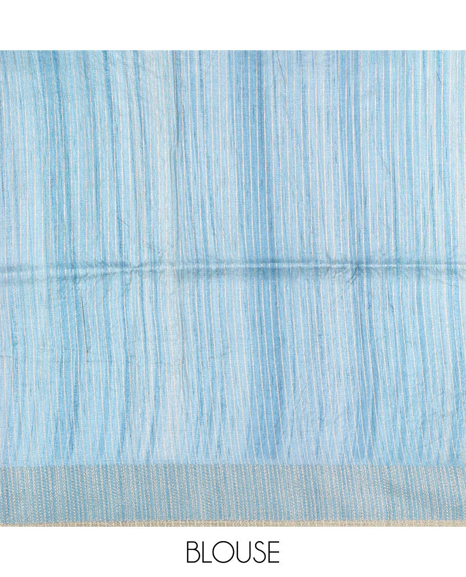 Sky blue hand brushing-style multi-colored stripes printed fancy tussar silk saree, zari border, self-pallu & blouse of zari work & stripes print
