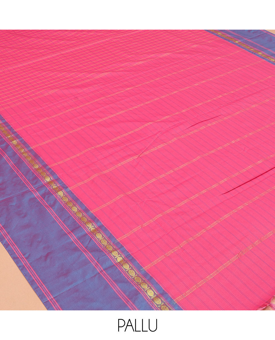Pink Ten Yard Saree, Elevated with Checks, a Contrast Rudraksham Border, Pallu of Stripes, and No Blouse