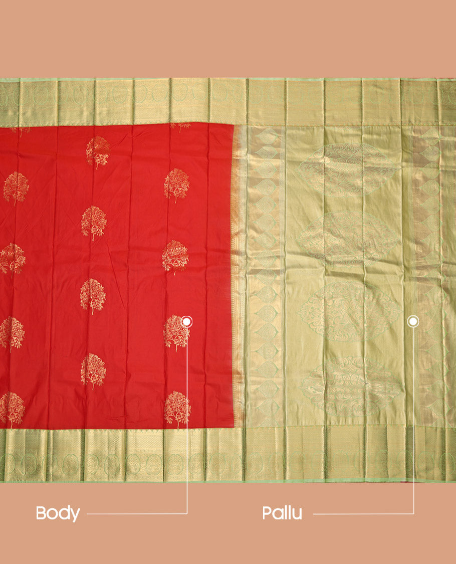 Orange Budget Silk Saree, Detailed with Zari Buttas, Contrast Traditional Zari Border, Grand Pallu, and a Contrast Blouse