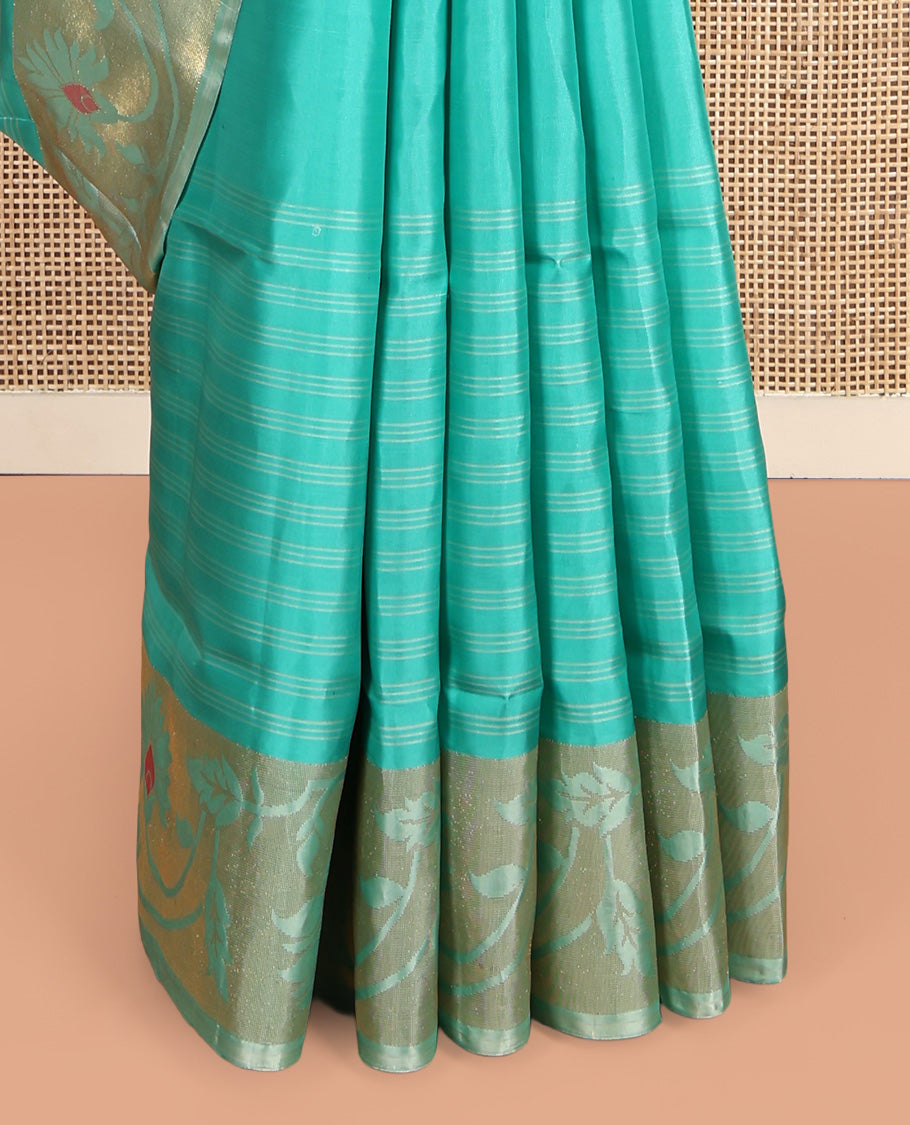 Turquoise Mayuri Soft Silk Saree, Woven with Stripes, Complemented by Contrast Floral Creeper Border, Floral Design Pallu, and a Contrast Blouse