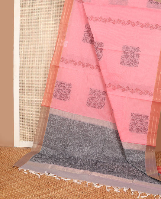 Pink Combatiore cotton saree with floral buttas, contrast striped border & floral design pallu