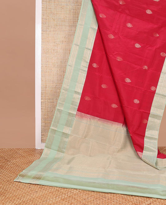 Red leaf buttas vasundhara elite silk saree with contrast rettai pettu zari design border & jaal design pallu