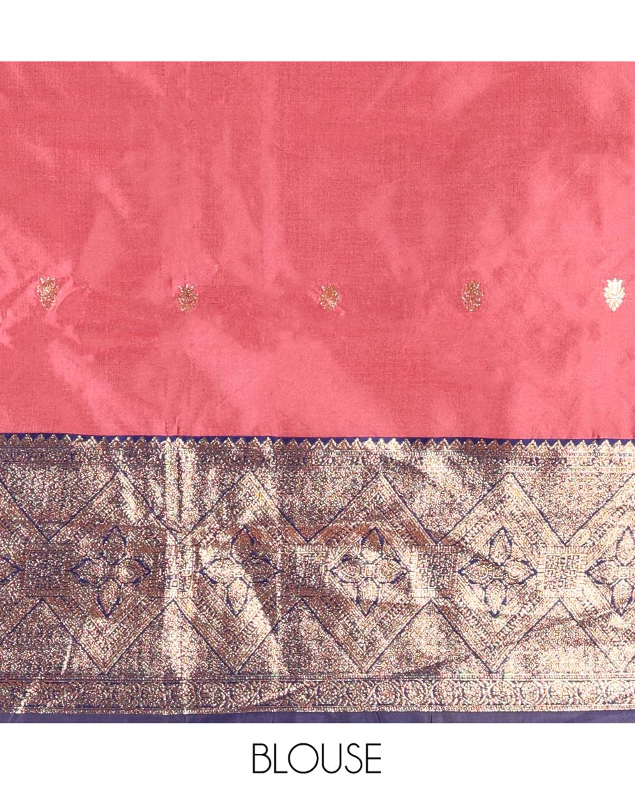 Onion Pink and Blue Semi-Banarasi Half-Saree, Elevated with Zari Buttas on Its Skirt, Complemented by a Contrast Traditional Zari-Design Border, Paired with a Matching Blouse, and a Contrast Satin Georgette Zari-Bordered Dhavani