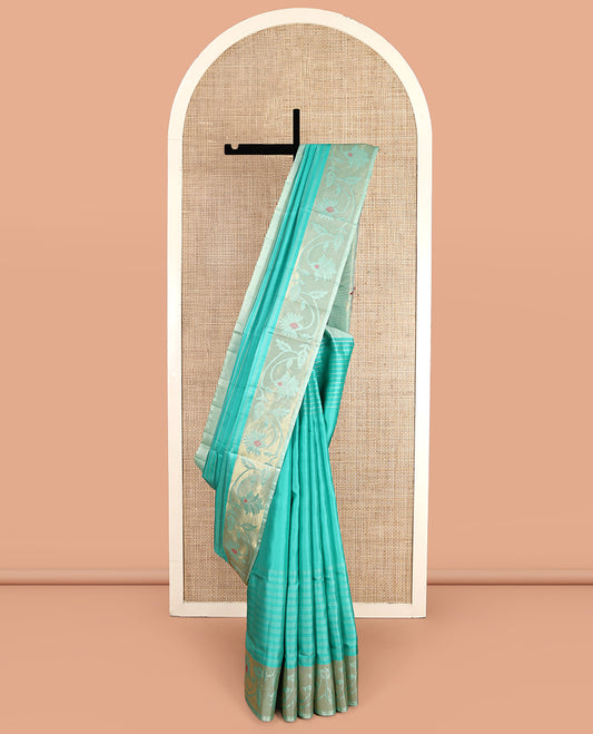 Turquoise Mayuri Soft Silk Saree, Woven with Stripes, Complemented by Contrast Floral Creeper Border, Floral Design Pallu, and a Contrast Blouse