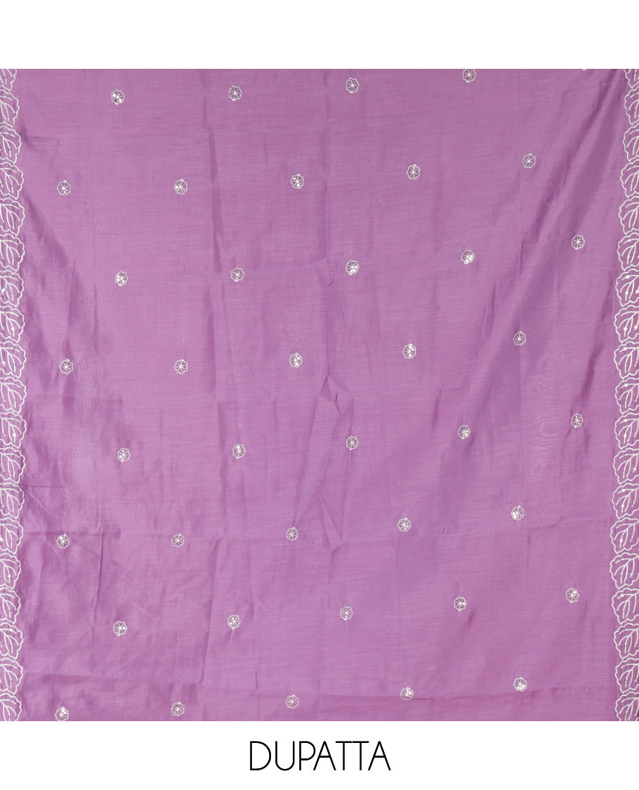 Cream and Lavender Mul Chanderi Material Chudidar Set, Beautiful Bedecked with Floral Embroidery On Its Top, A Plain Santoon Bottom, and Comes with a Contrast Scallop Floral Embroidered Dupatta