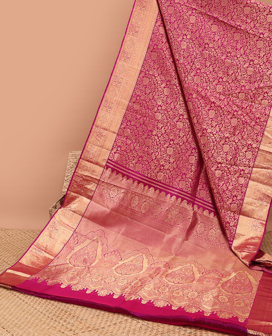 Pink  floral jacquard kancheepuram silk saree with self zari design border & intricate floral zari design pallu