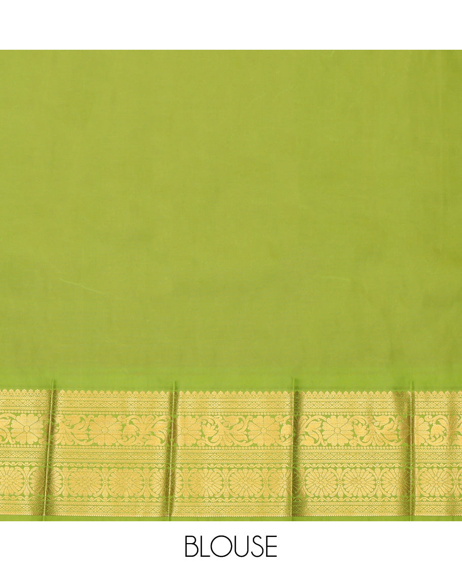 Red Budget Silk Saree, Decked Up with Zari Buttas, Complemented by Contrast Traditional Zari Border, a Grand Pallu and a Contrast Blouse
