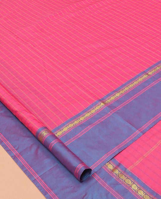 Pink Nine-Yard Saree, Elevated with Checks, a Contrast Rudraksham Border, Pallu of Stripes, and No Blouse