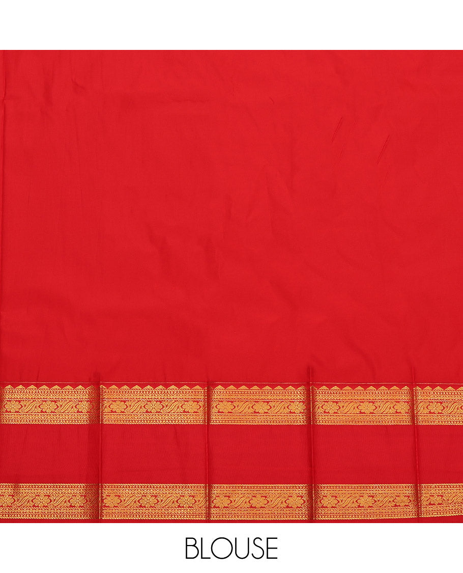 Orange Budget Silk Saree, Beautified with Zari Buttas and Stripes, Complemented by a Contrast Traditional Zari Design Rettai Pettu Border, Grand Pallu, and a Contrast Blouse