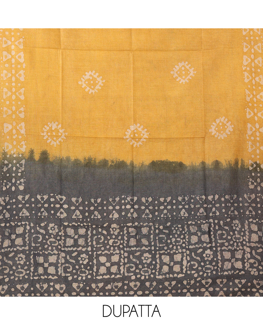 Ash chudidar material set,geometric batik-printed bhagalpuri cotton top,batik-print dual-color mul-mul cotton dupatta & batik-print bottom