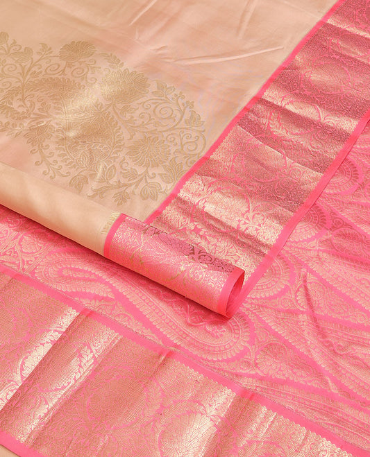 Sandal buttas silk saree with contrast border of floral design & paisley, floral design pallu