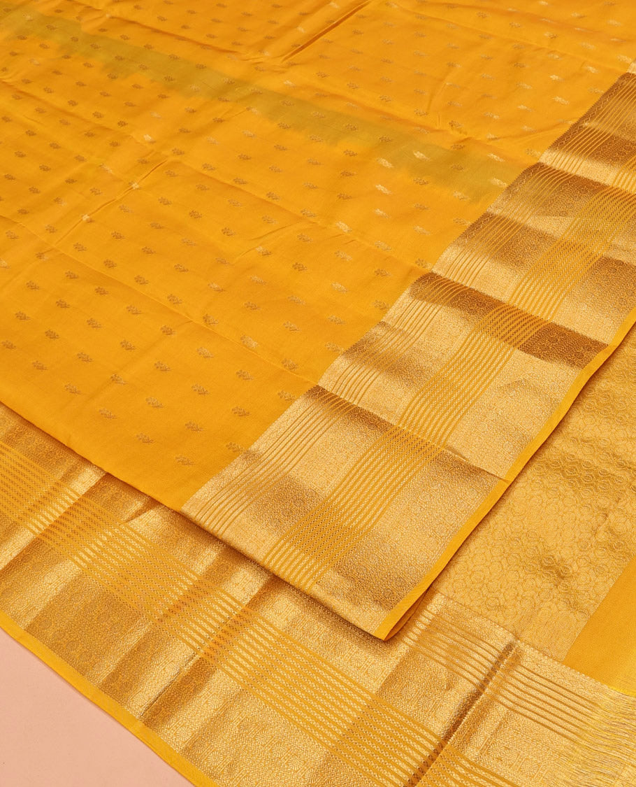 Yellow Vasundhara Lite Silk Mix Saree, Subtly Sparkled with Zari Buttas All Over Its Body, Highlighted by Traditional Zari Designs, Grand Pallu and Paired with a Matching Blouse