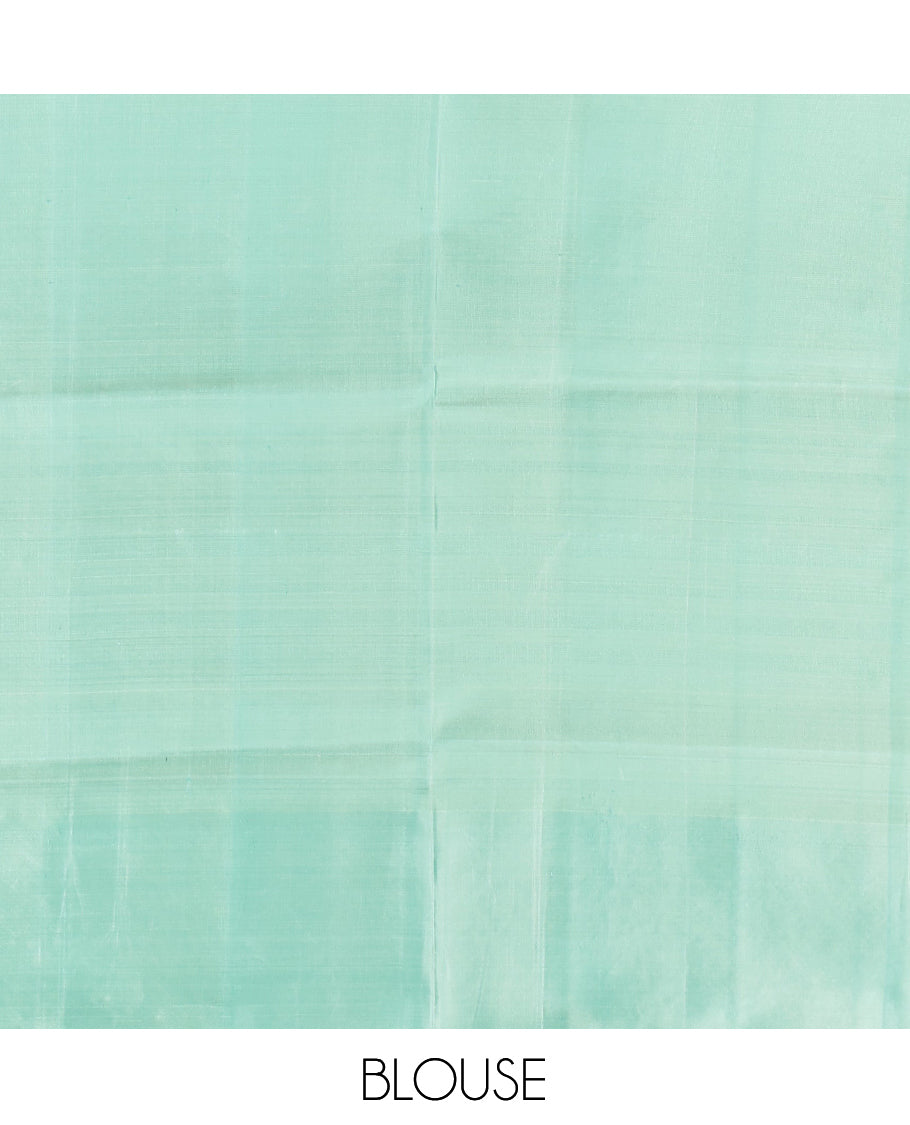 Turquoise Mayuri Soft Silk Saree, Woven with Stripes, Complemented by Contrast Floral Creeper Border, Floral Design Pallu, and a Contrast Blouse