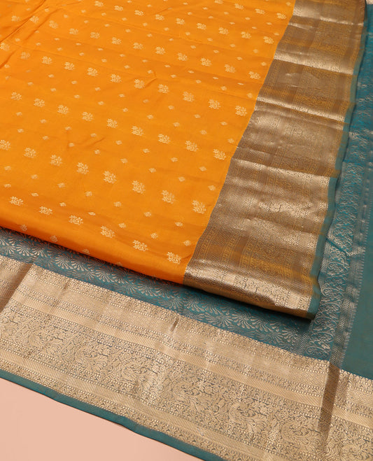Yellow Vasundhara Lite Silk Mix Saree, Subtly Sparkled with Zari Buttas, Complemented by a Contrast Border of Muthu, Kodi Visiry, and Mayil Designs, Intricately Designed Pallu, and Paired with a Contrast Blouse
