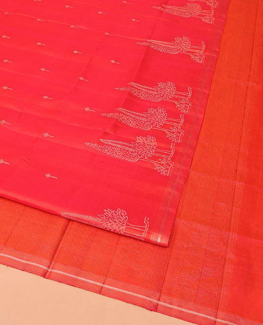 Red Mayuri Soft Silk Saree, Elegantly Framed with Buttas and Pine-Tree Like Buttas All Over Its Body, Subtly Zari Border, Sparsely Woven Pallu, and Paired with a Matching Blouse
