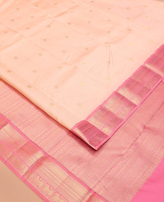 Sandal zari buttas Vasundhara silk mix saree, contrast border of chakra, muthu, mayil kann, paiyaadi kann, and Pichwai cow designs, and intricate pallu