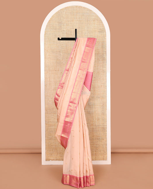 Sandal zari buttas Vasundhara silk mix saree, contrast border of chakra, muthu, mayil kann, paiyaadi kann, and Pichwai cow designs, and intricate pallu