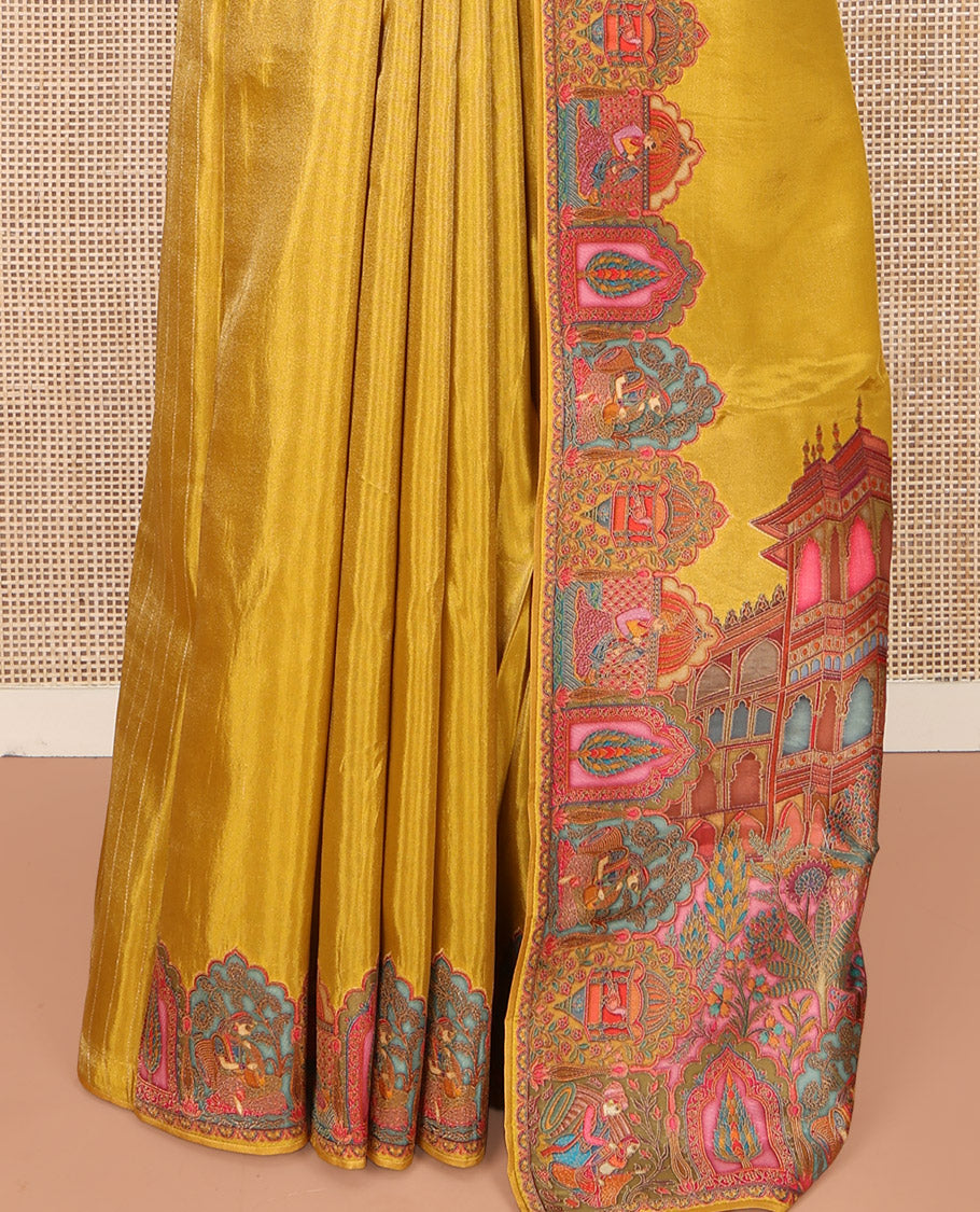 Yellow Plain Dola Silk Saree, Complemented by Captivating Contrast Border of Meenakari-style Mughal Human Figurines, Pallu Artfully Pictures Mughal Human Figurines, and Paired with a Matching Blouse