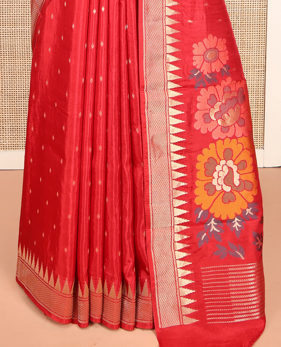 Red HO-Silk Saree, Elevated with Diamond Buttas All Over Its Body, Highlighted by Temple Border, Complemented by Pallu Depicting Floral and Crane Motifs, Paired with a Matching Blouse