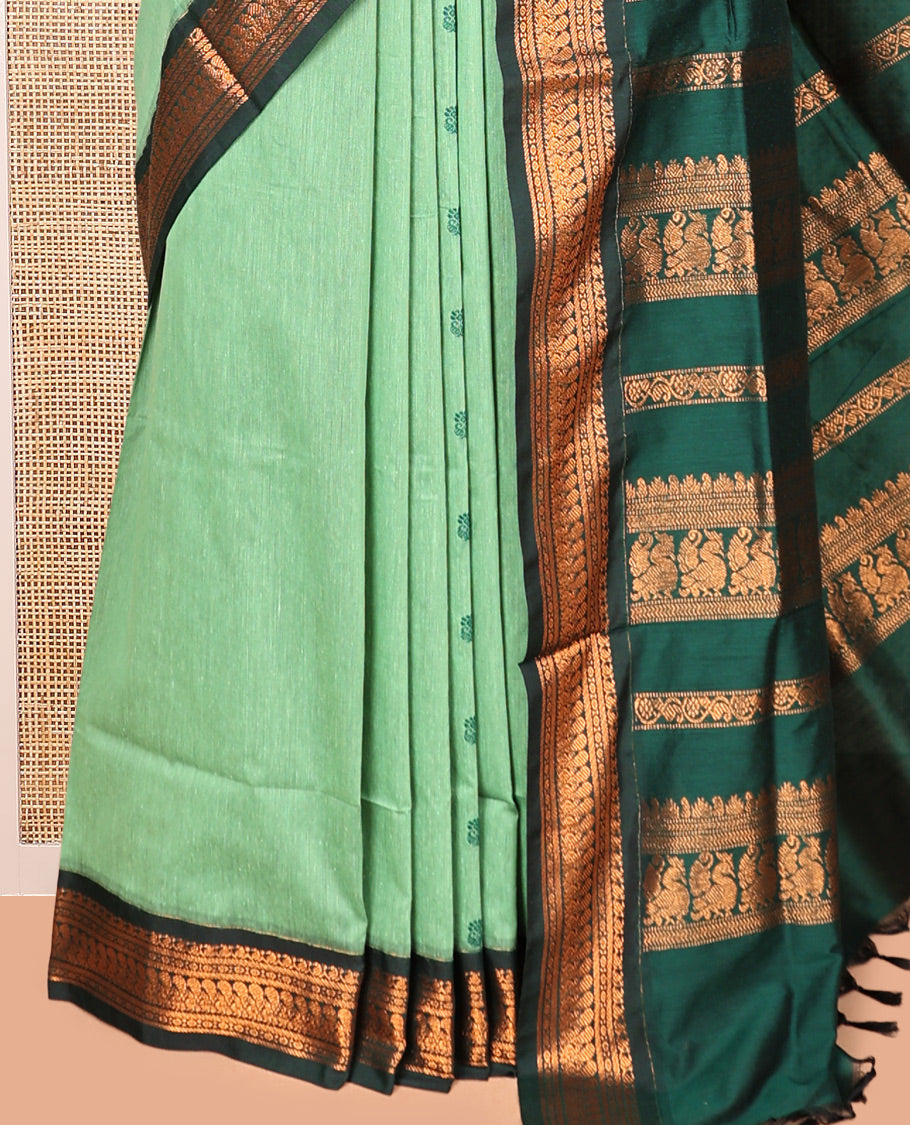 Green Kalyani Cotton Saree, Subtly Sparkled with Thread Buttas, a Contrast Traditional Zari Border, Grand Pallu, and a Contrast Blouse