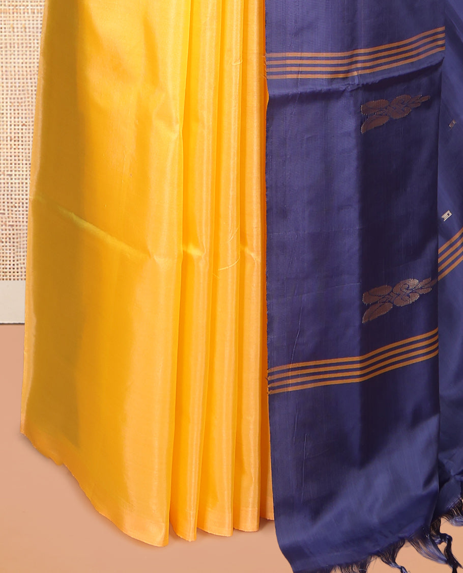 Borderless Yellow Banana Pith Saree, Subtly Woven with Buttas, a Contrast Pallu of Buttas and Stripes, and a Contrast Blouse