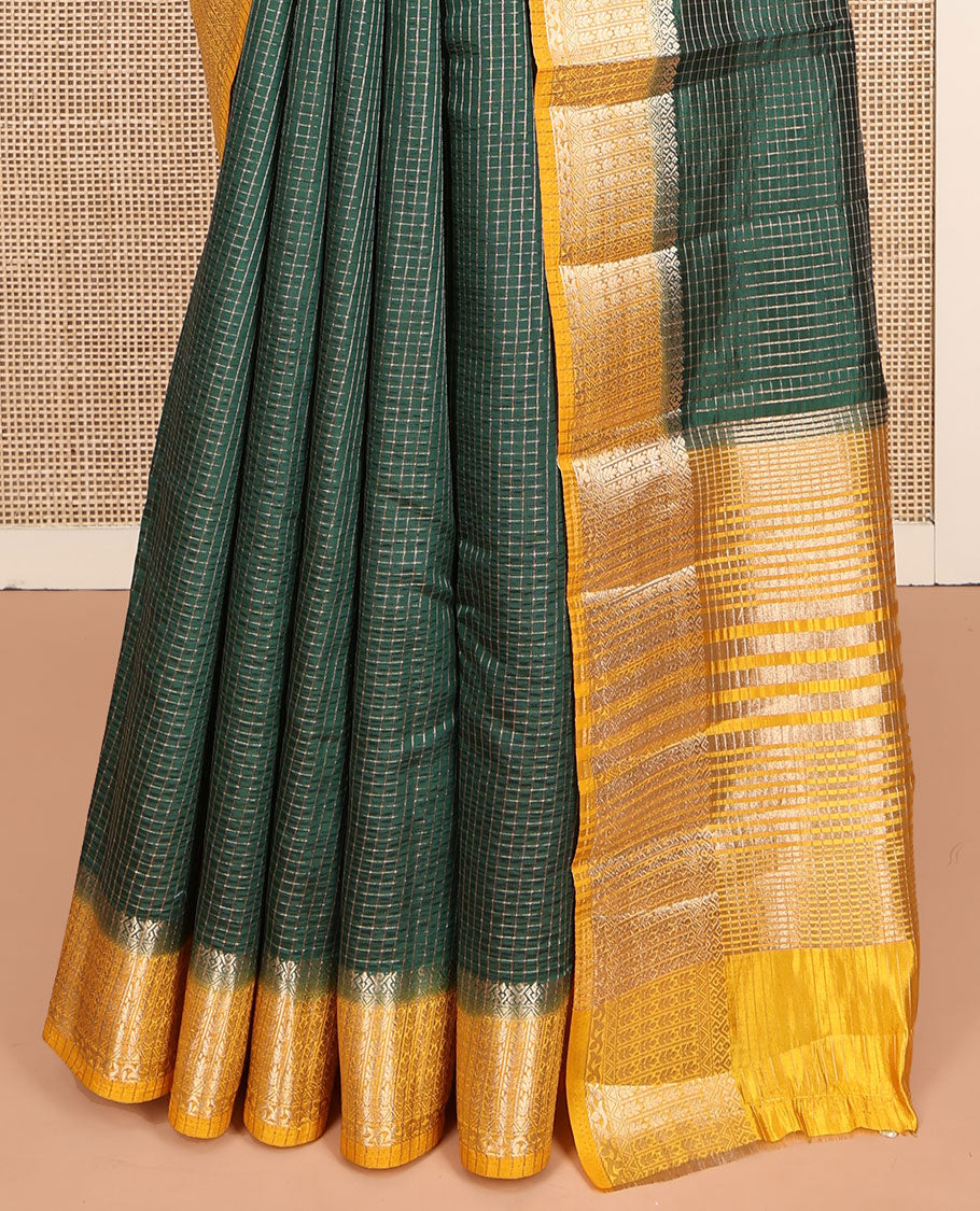 Green Dupion Silk Saree, Detailed with Zari Micro-Checks, Complemented by a Contrast Traditional Zari Design Border, Zari Striped Pallu, and a Contrast Blouse