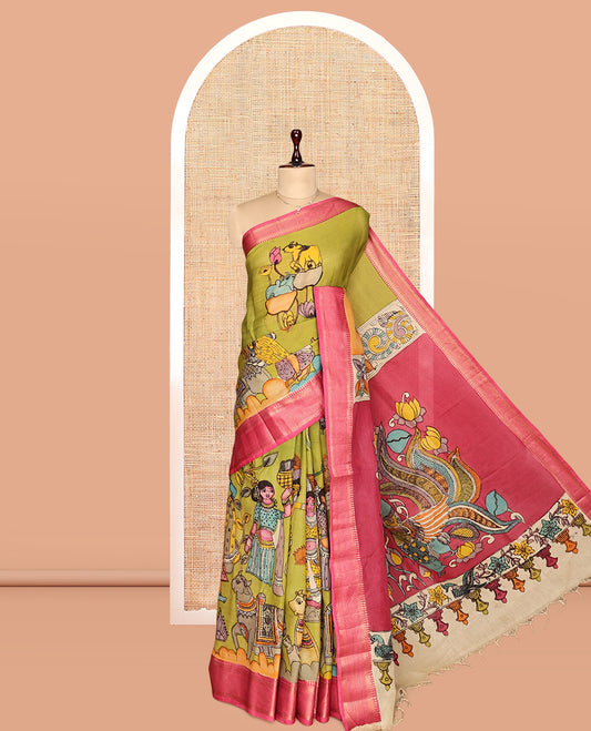 Green Kalamkari Silk Saree, Subtly Enriched with Pichwai Cow and Human Figurines, a Contrast Traditional Border, Peacock Pallu, and a Contrast Blouse