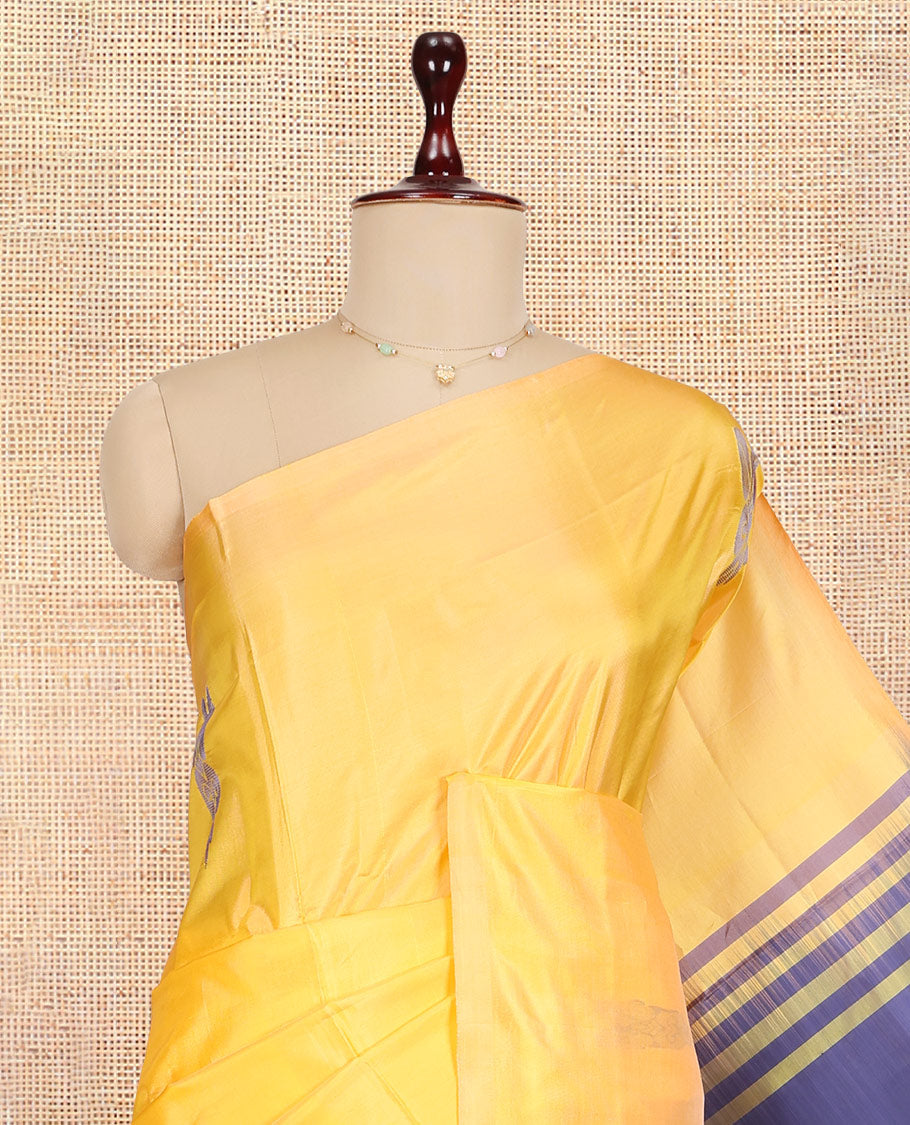Borderless Yellow Banana Pith Saree, Subtly Woven with Buttas, a Contrast Pallu of Buttas and Stripes, and a Contrast Blouse